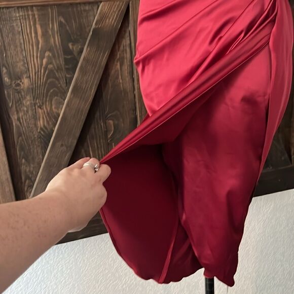 NWT HTZMO Satin Slip Dress Cowl Neck Ruched Bodycon MIDI Dress - Picture 14 of 14